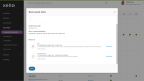 Completion Standards in Xello. The Save quick sims modal is open. There are resources available for download